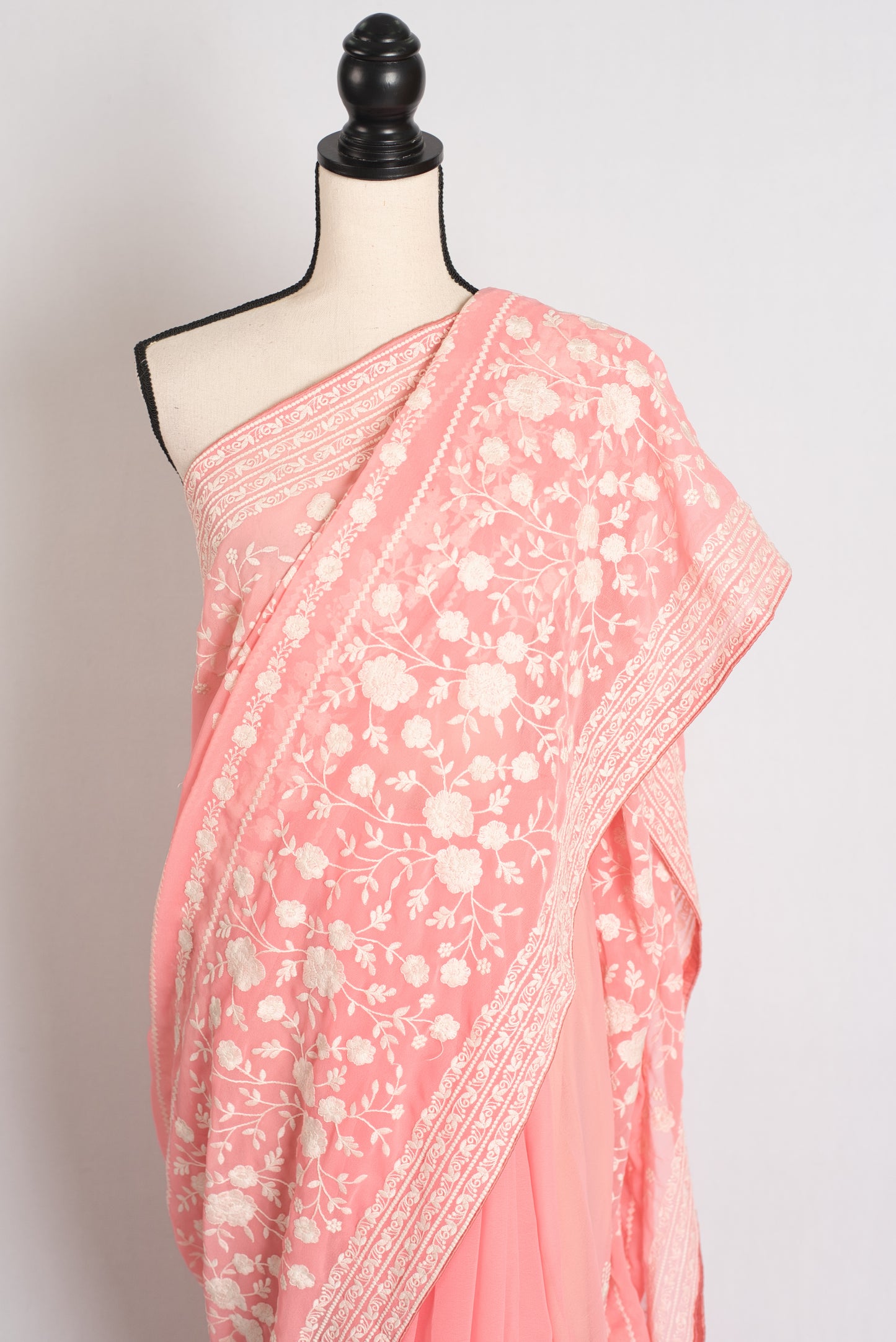 Samira : Peach and White Georgette Embroidered Partywear Saree image 5