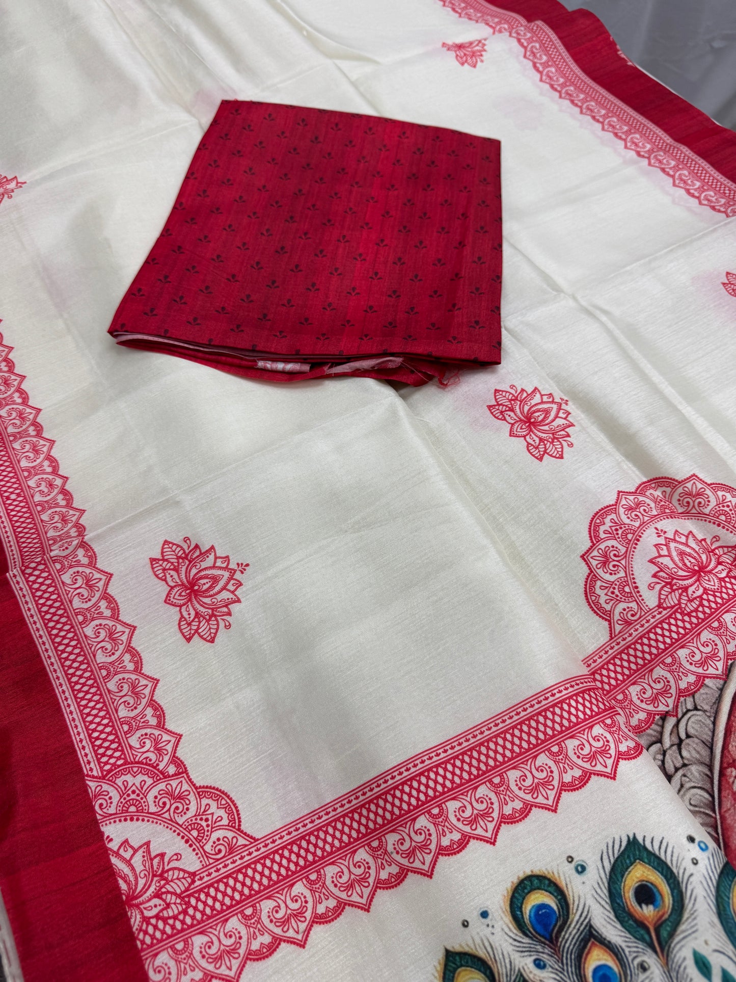 Durgaayana : Off-White and Red Semi Silk Printed Saree for Durga Puja image 1