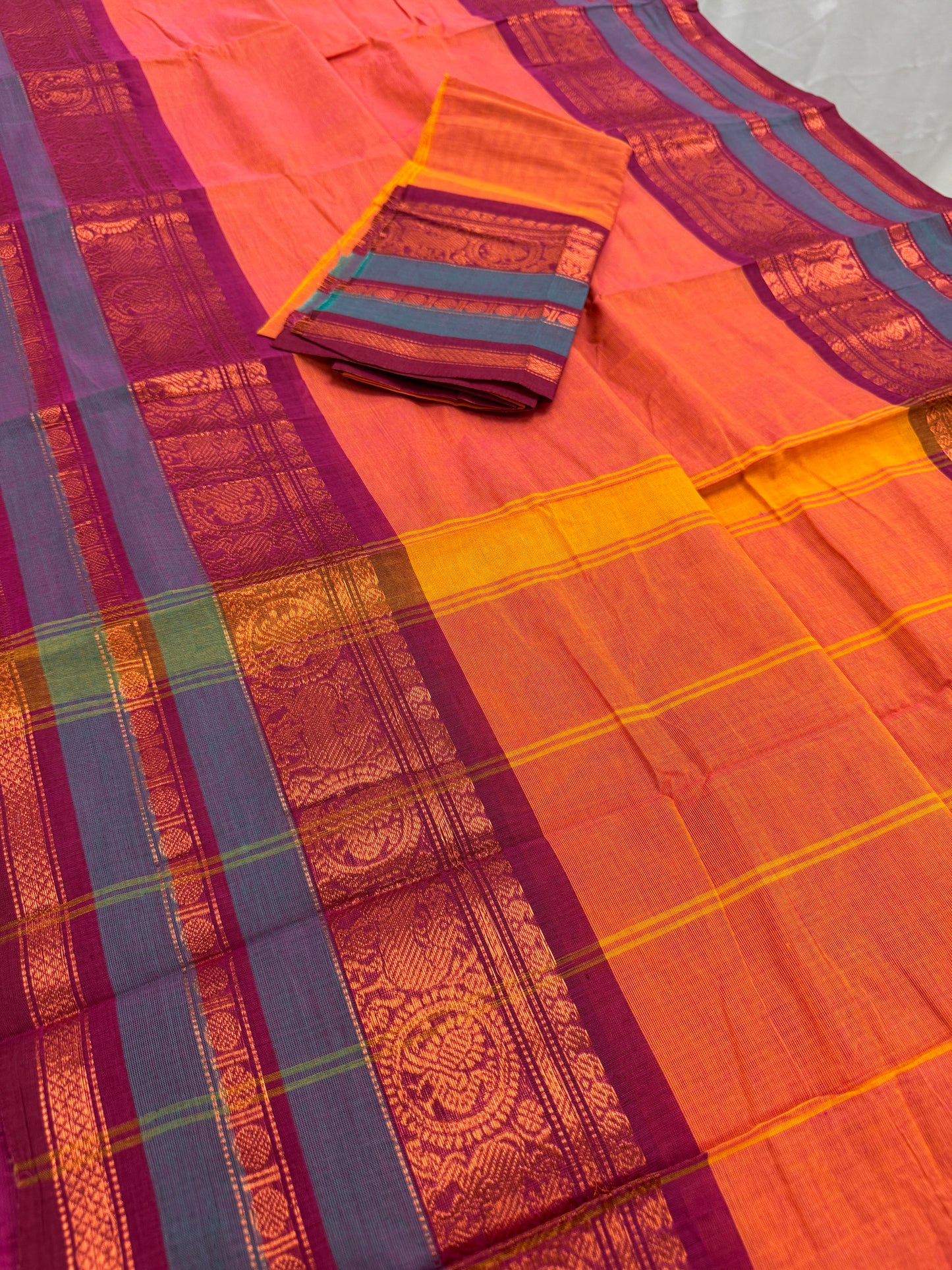 Malathi : Handwoven Kanchi Cotton Saree in Orange and Magenta image 1