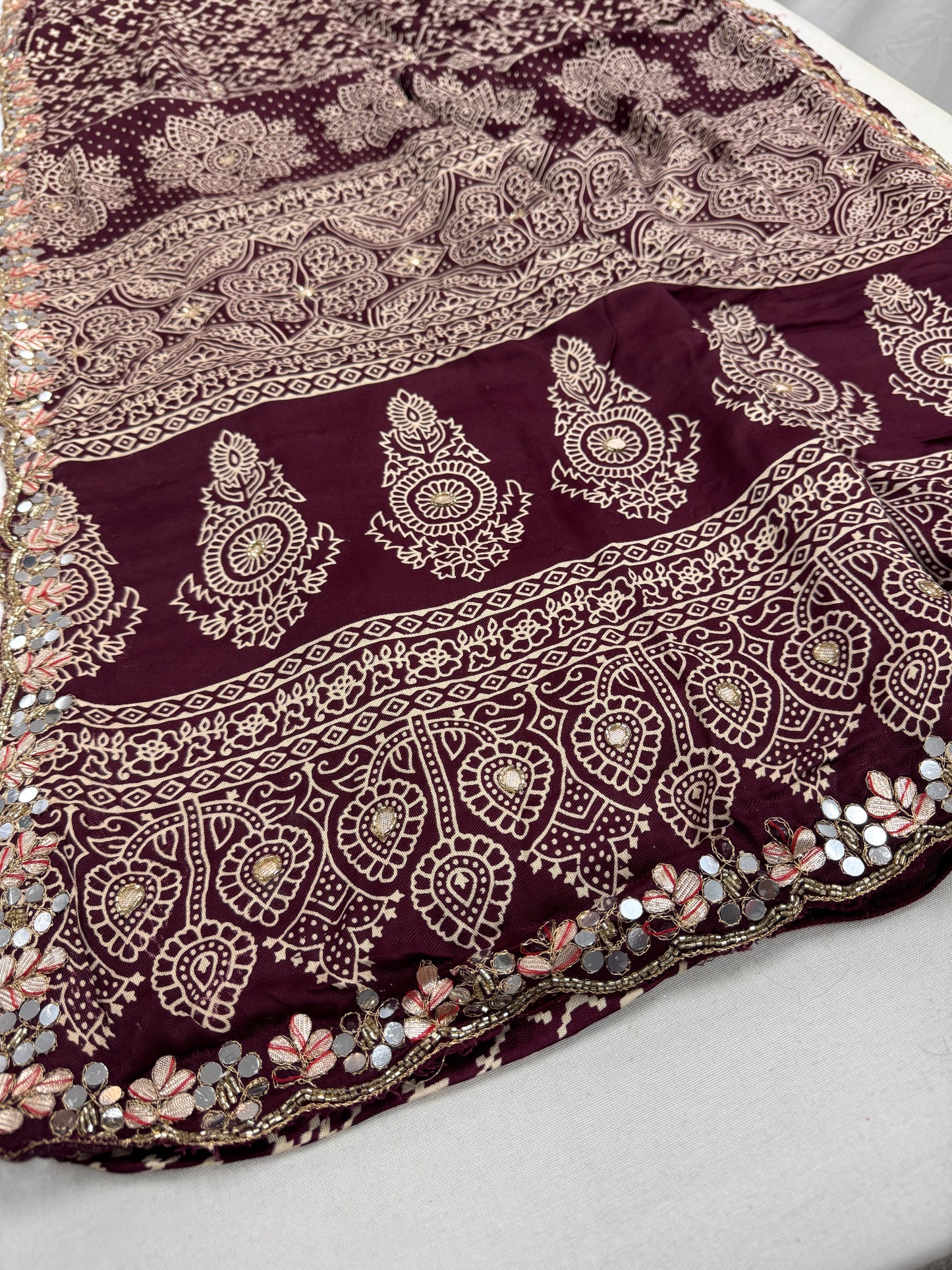 Aarthy : Maroon Modal Silk Ajrakh Saree with Hand Embroidery Work image 4
