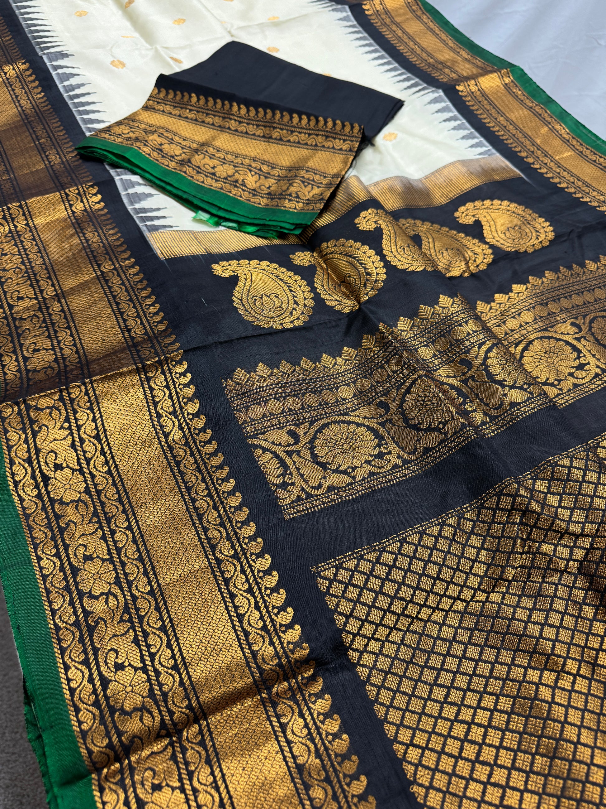 Indira : Silk Mark Certified Gadwal Silk Saree in Cream and Black image 1