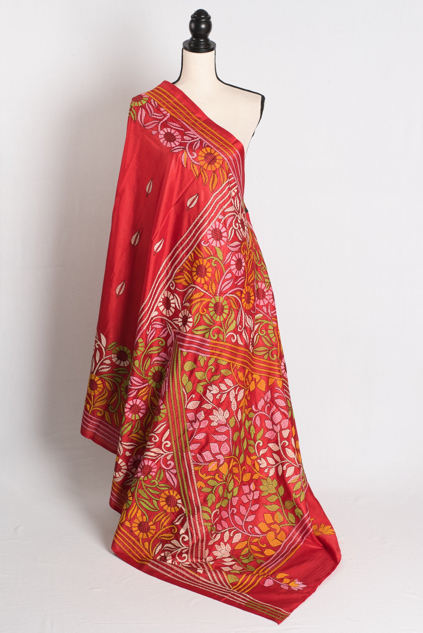 Agni Rekha - Red Blended Silk Hand Embroidered Kantha Stitch Saree image 1