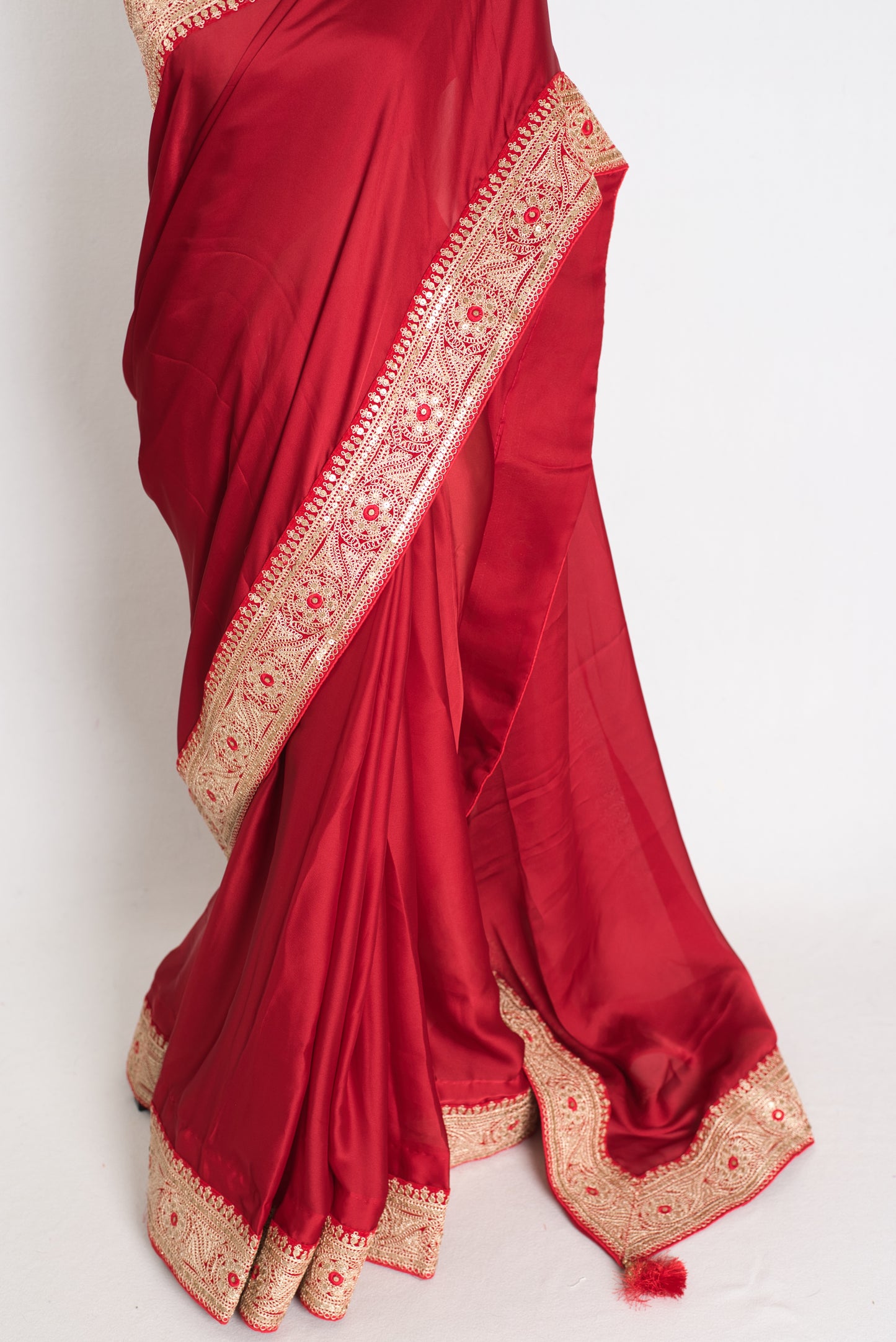 Noor : Dark Red Patch Border Designer Satin Silk Partywear Saree image 6