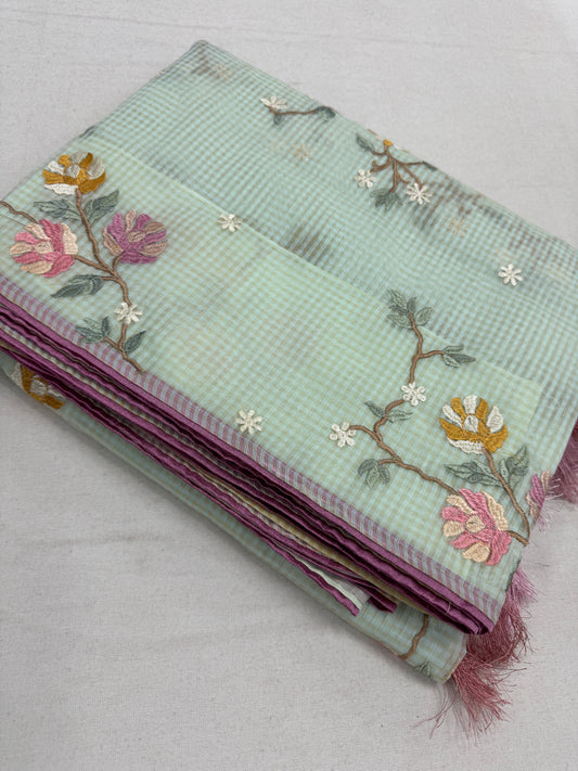 Damini | Sea Green Floral Embroidery Blended Cotton Kota Saree image 1
