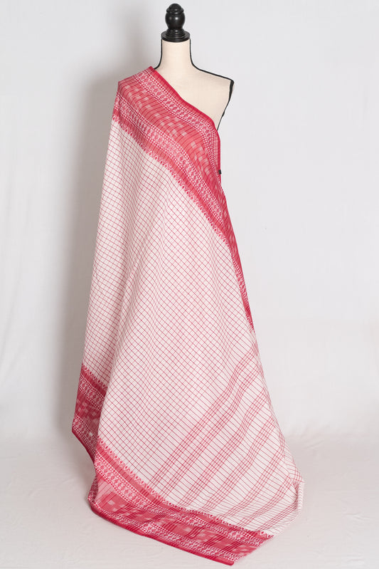 Bhumi: White and Red Kotki Border Checks Soft Cotton Dhaniakhali Saree image 1