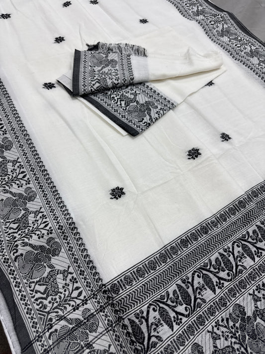 Nandini : Off-White and Black Soft Cotton Baluchari Saree with Blouse Piece image 1