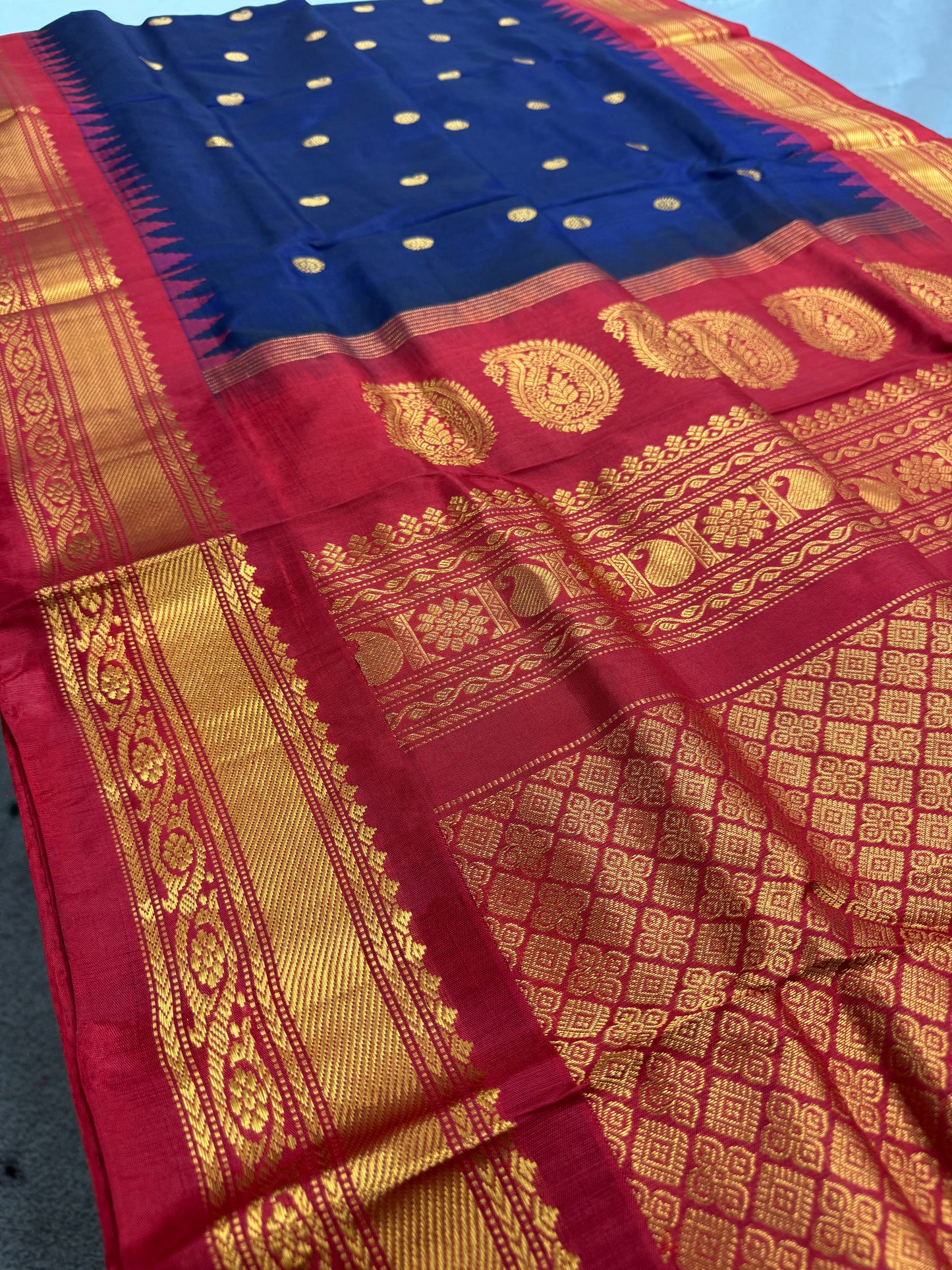 Nishira - Handwoven Midnight Blue and Red Gadwal Silk Saree image 2