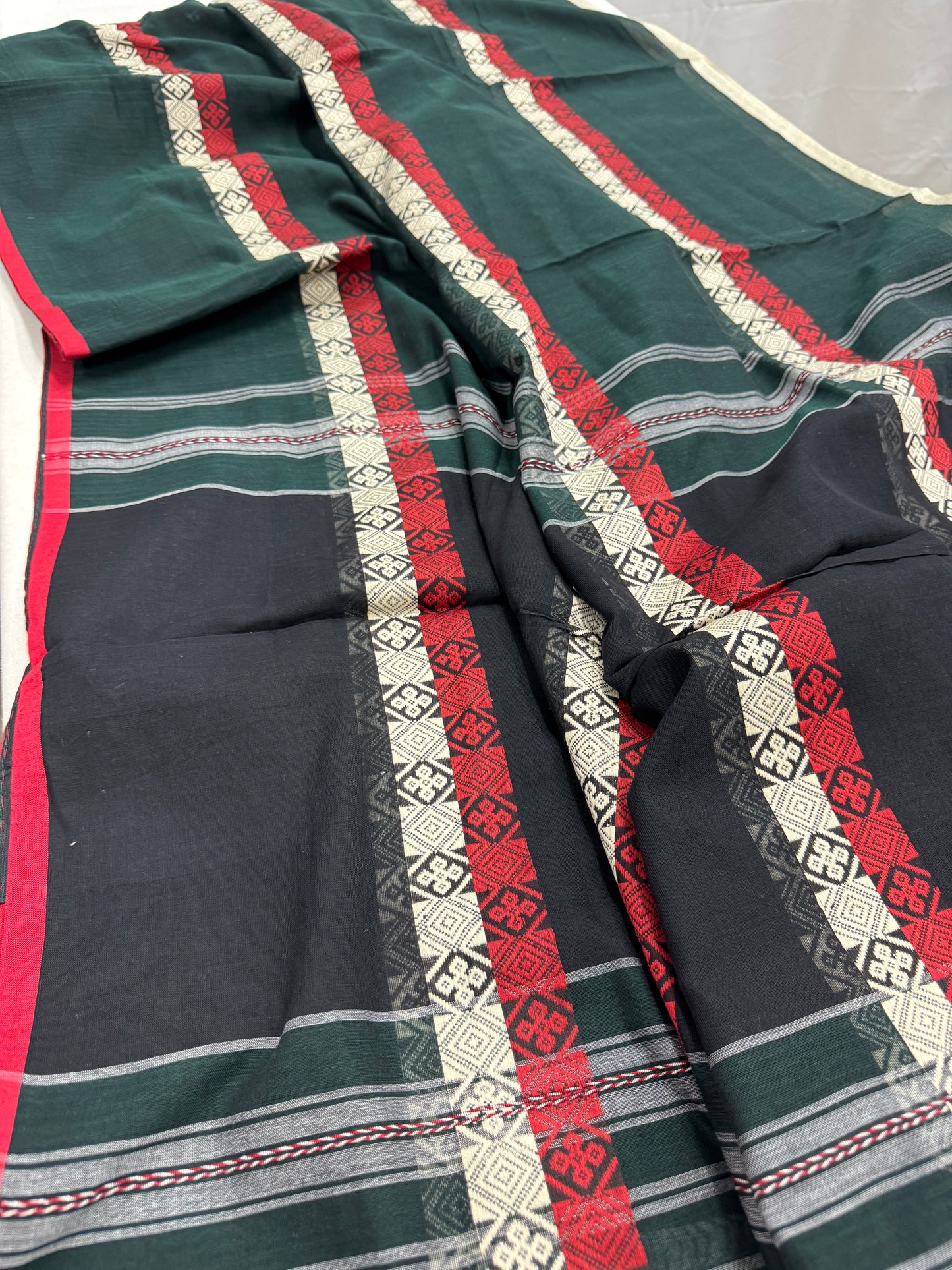 Meadow Melody : Green Horizontal Stripe Bengali Soft Cotton Dhanekhali Saree image 3