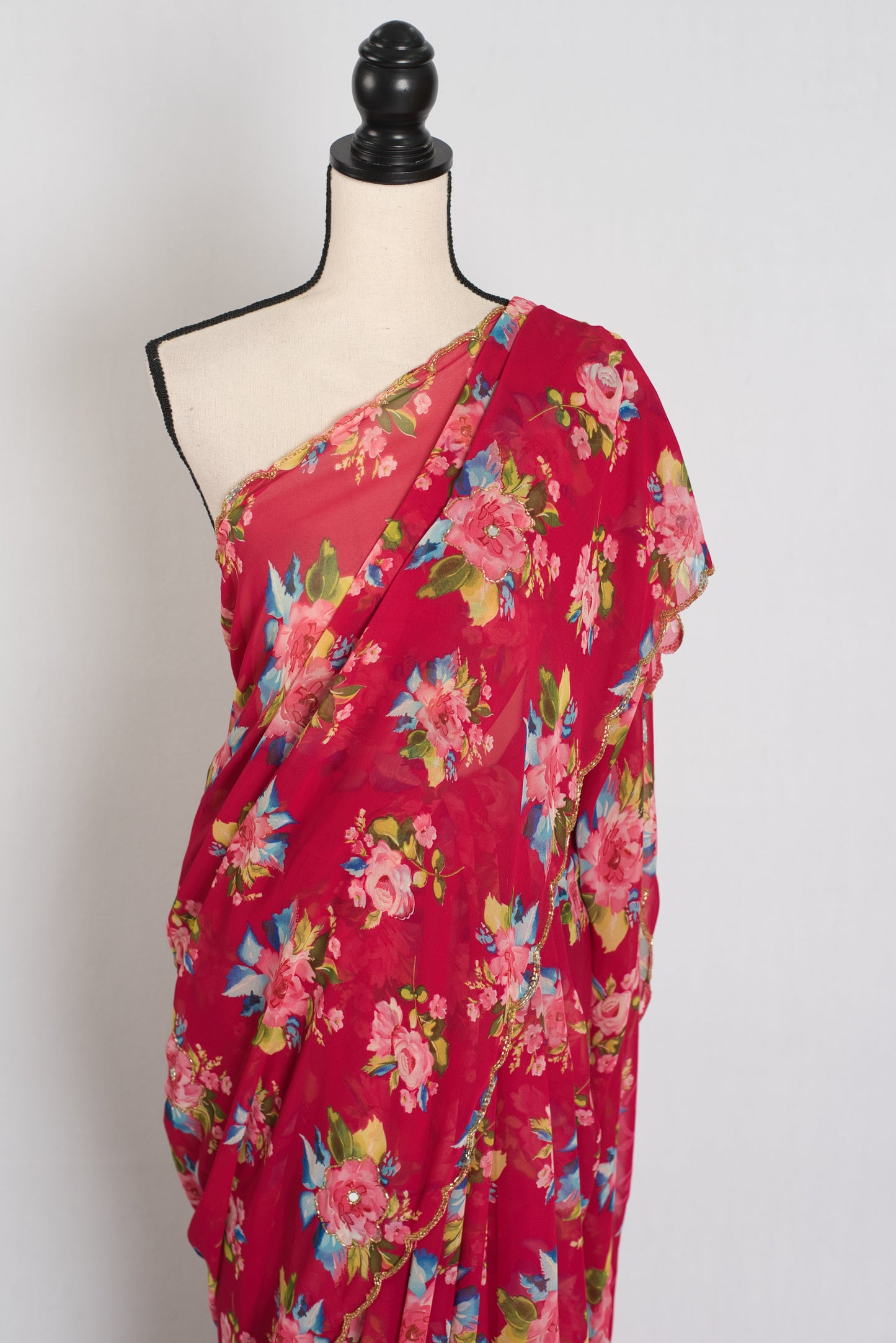 Indra : Dark Pink Floral Georgette Embroidery Designer Saree image 5