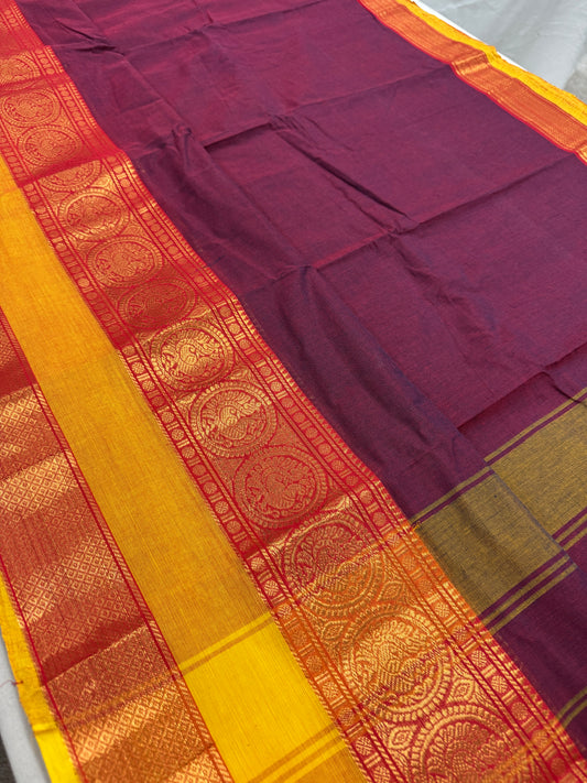 Mandira : Handwoven Kanchi Cotton Saree in Maroon and Yellow image 0