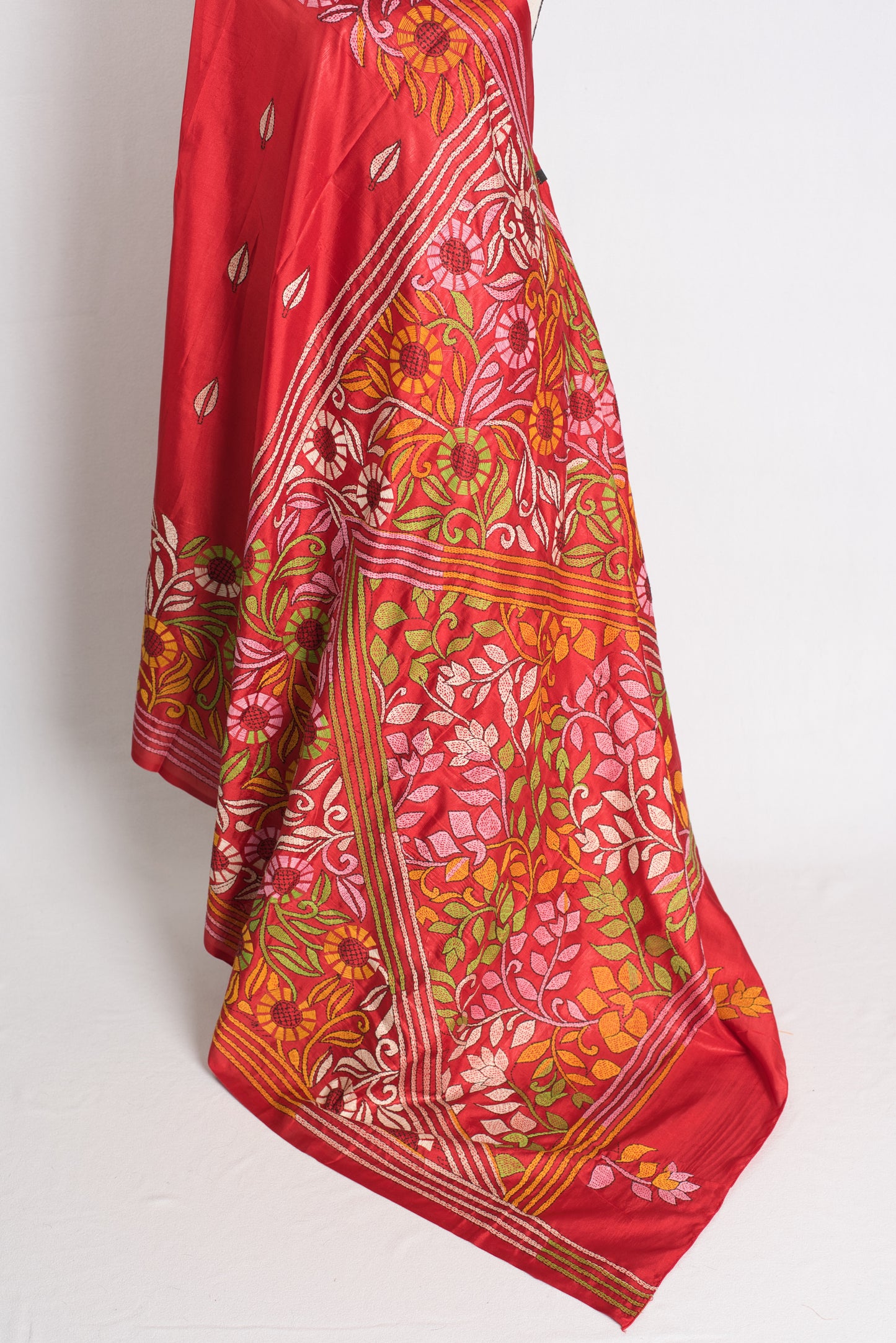 Agni Rekha - Red Blended Silk Hand Embroidered Kantha Stitch Saree image 3