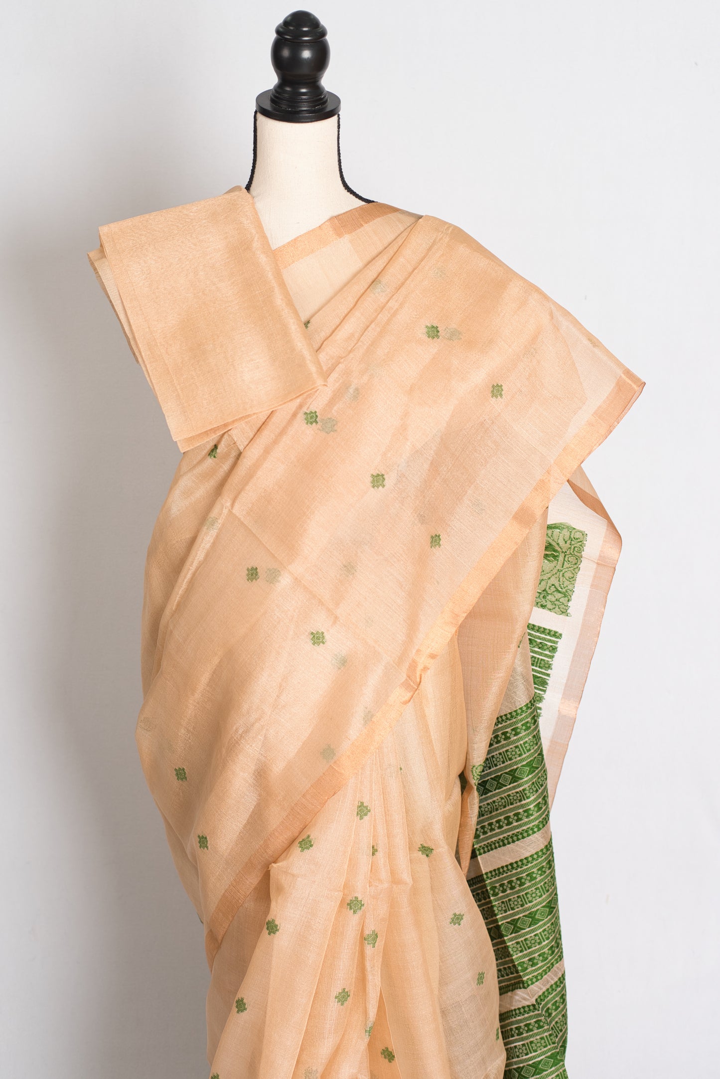 Prerna : Bengal Handloom Tussar Silk Saree in Beige and Green image 2