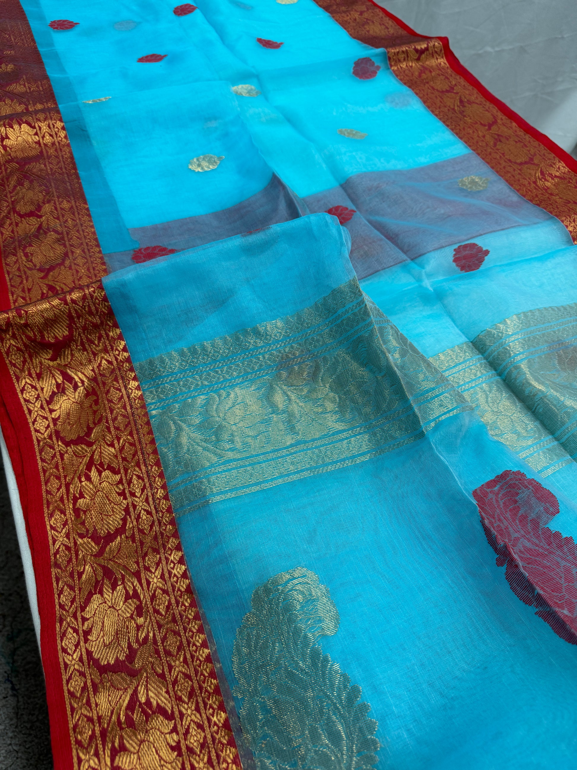 Neelam : Sky Blue and Red Semi Muslin Banarasi Saree image 1