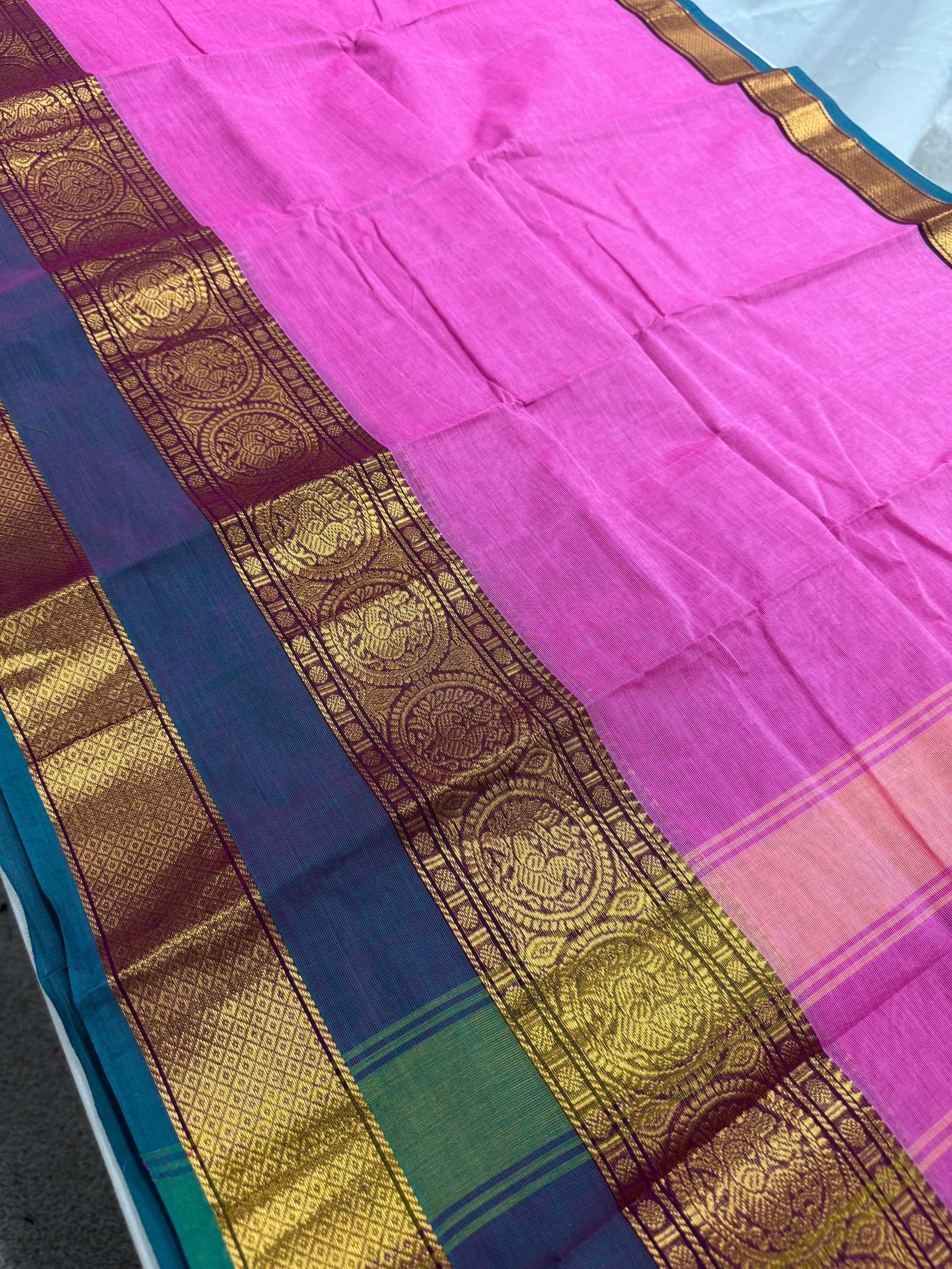 Abira : Handwoven Kanchi Cotton Saree in Pink and Peacock Blue image 3
