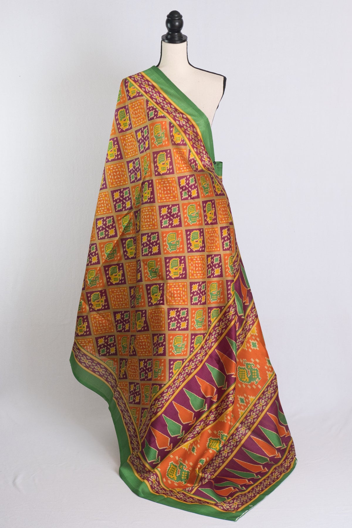 Art Silk Printed Patola Saree in Yellow and Green image 1