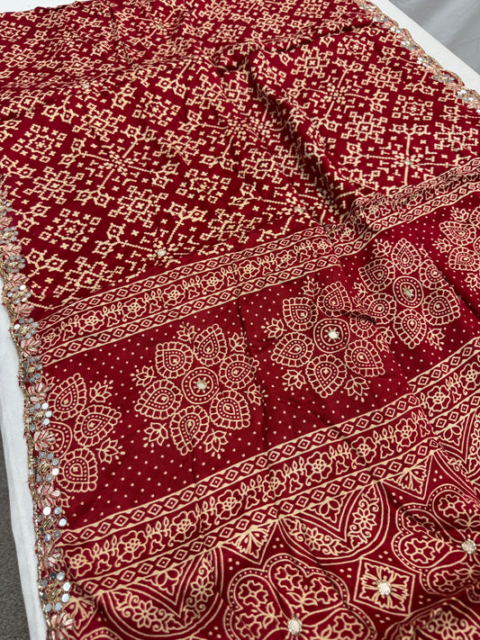 Sindhu : Sindoori Red Modal Silk Ajrakh Saree with Hand Embroidery Work image 0