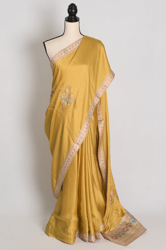 Sanj : Pale Yellow Semi Satin Aplic Work Party Wear Saree image 0