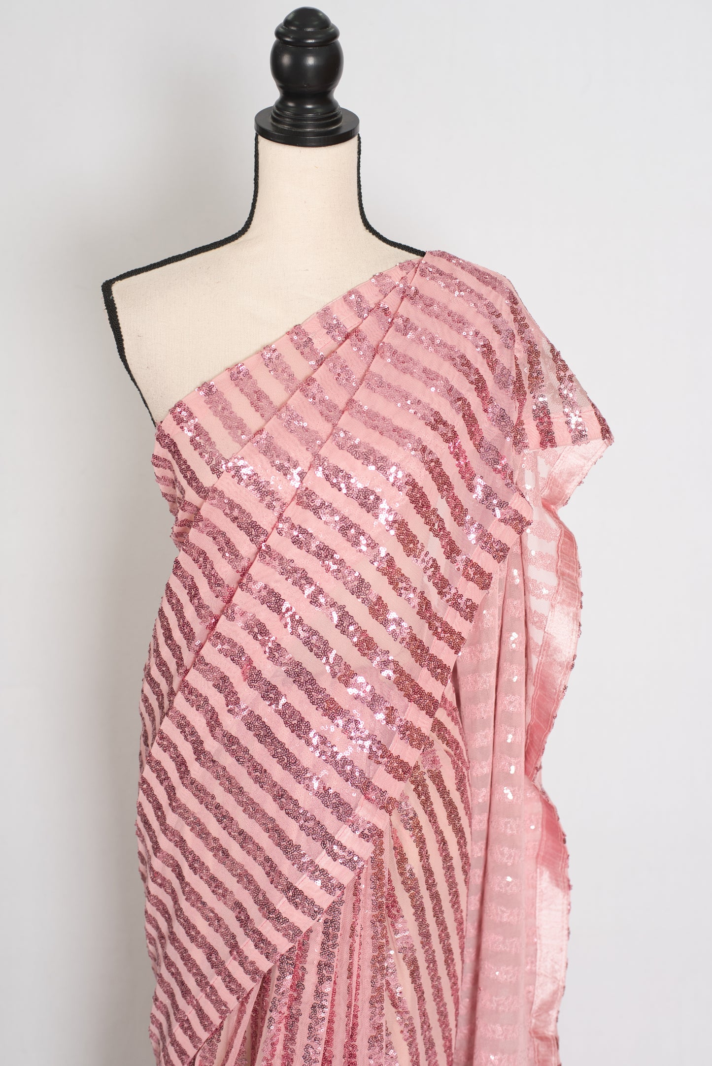 Afrin | Pink Soft Net Sequin Saree | Linear Shimmer Stripe Patterns image 6