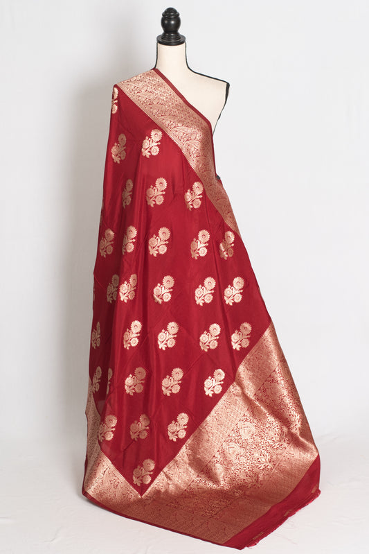 Lakshmi : Dark Red Semi Crepe Banarasi Saree with Water Gold Zari image 1