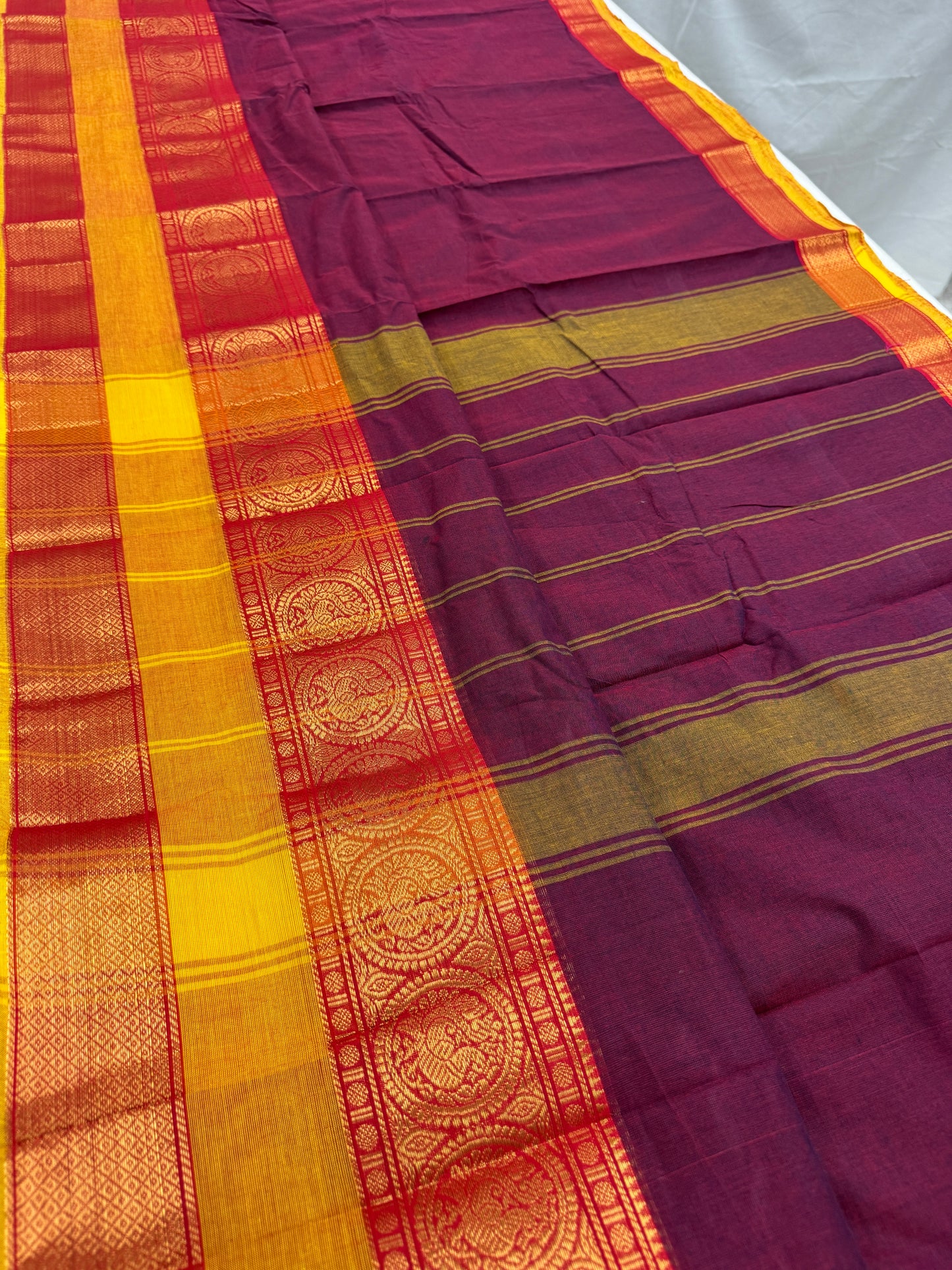 Mandira : Handwoven Kanchi Cotton Saree in Maroon and Yellow image 4