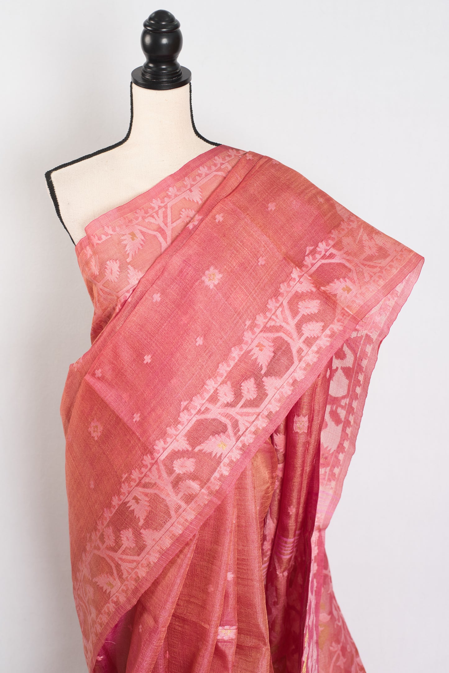 Urmi : Coral Pink Pure Bengal Tussar Silk Saree with Hand-Woven Jamdani Motif image 6