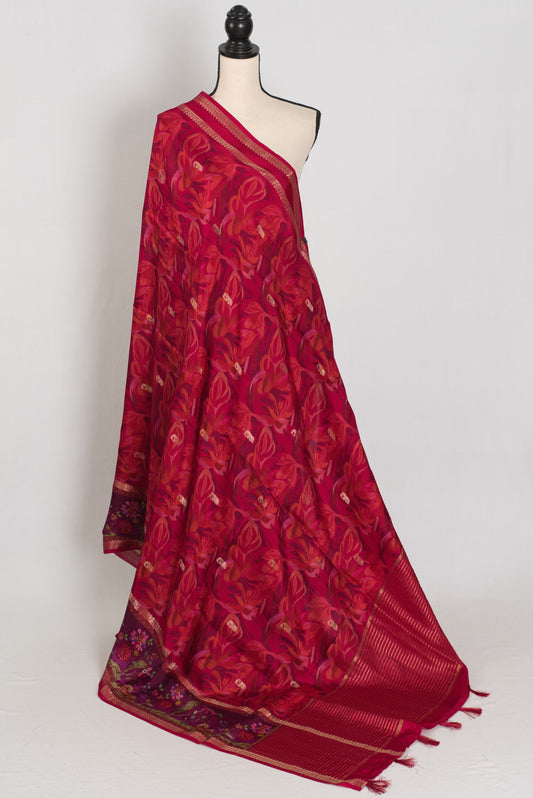 Stuti | Dark Rose Pink Dola Silk Banarasi Saree | Contrast Purple Floral Printed image 1