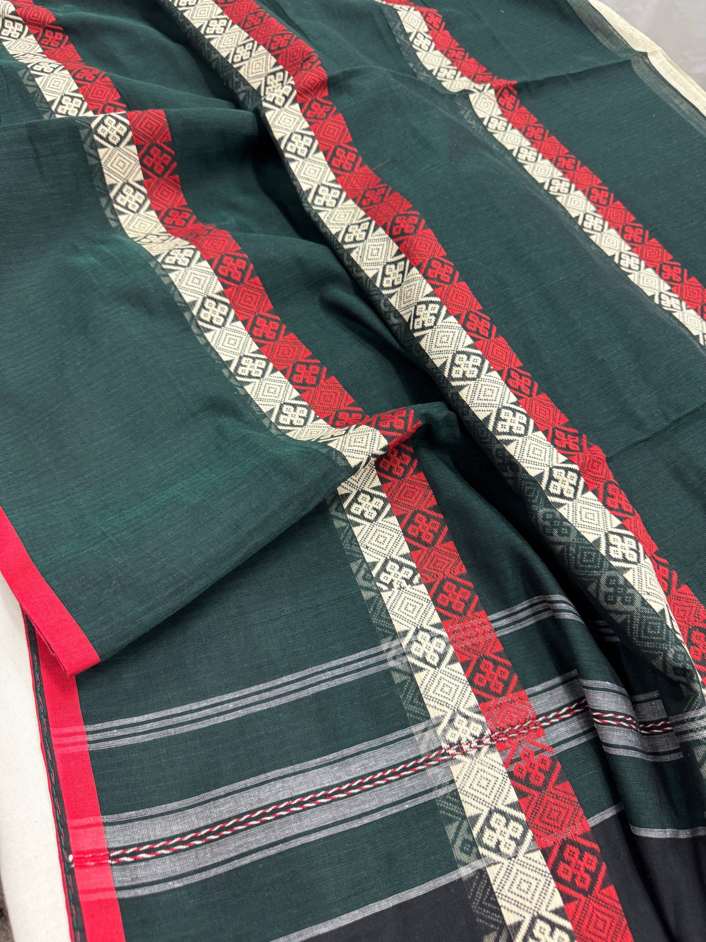 Meadow Melody : Green Horizontal Stripe Bengali Soft Cotton Dhanekhali Saree image 1