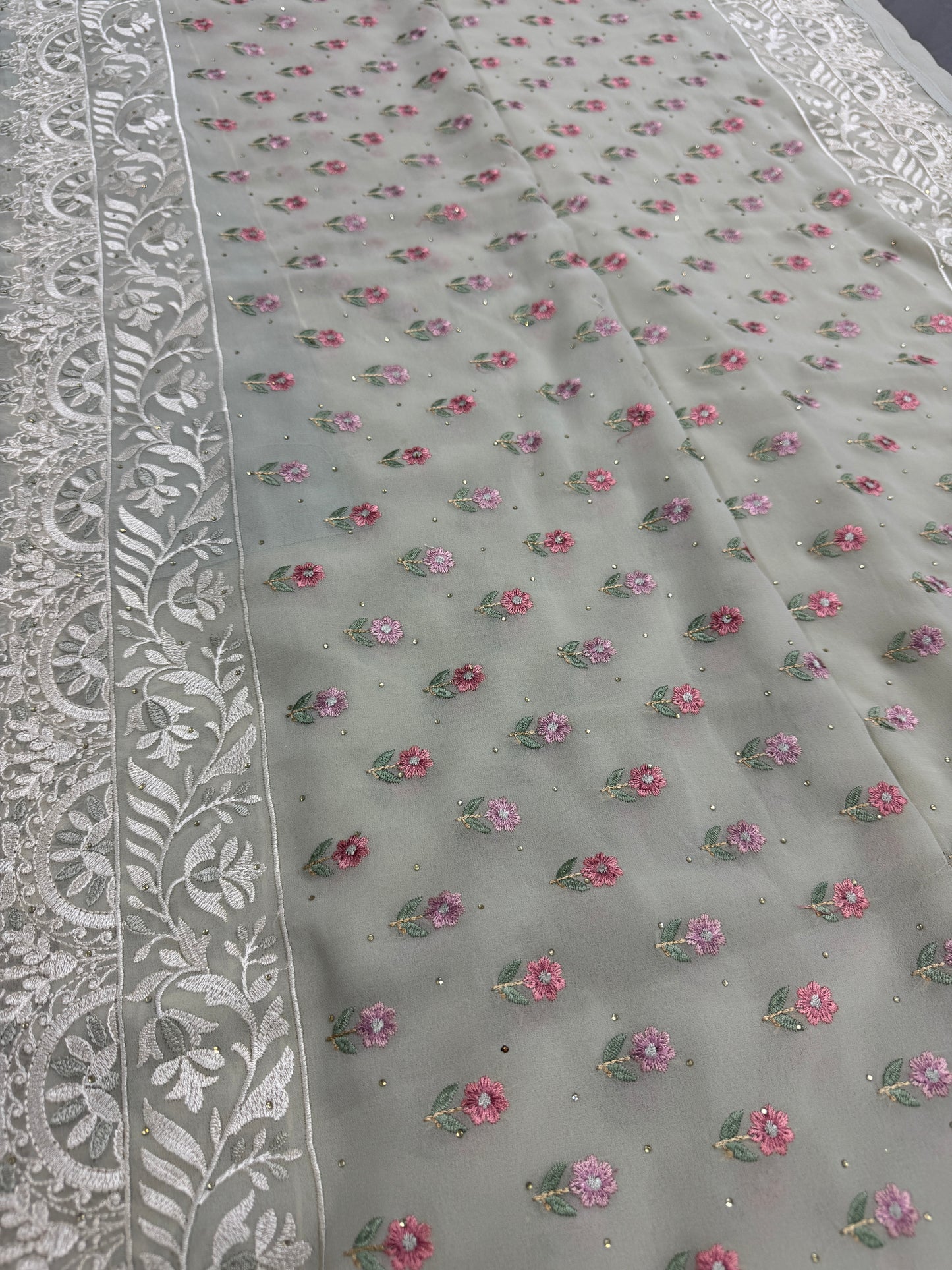Siya | Light Sage Green Georgette Partywear Saree | Pastel Floral Embroidery image 6