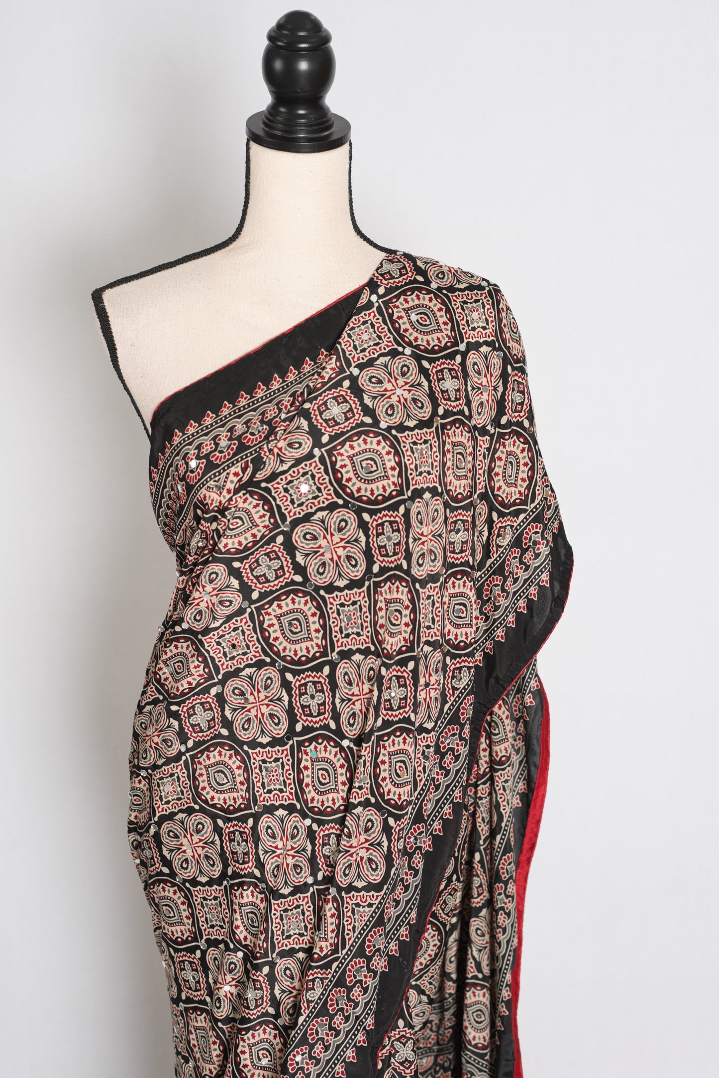 Trisha : Black and Red Semi Modal Silk Ajrakh Saree with Hand-Pasted Mirrors image 6