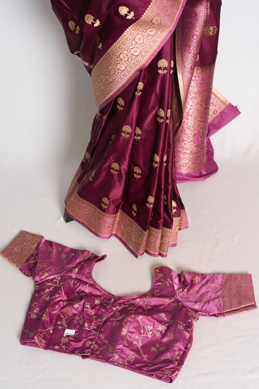 Ritaja : Deep Wine and Pink Semi Mashru Banarasi Silk Saree with 42 Size Blouse image 1