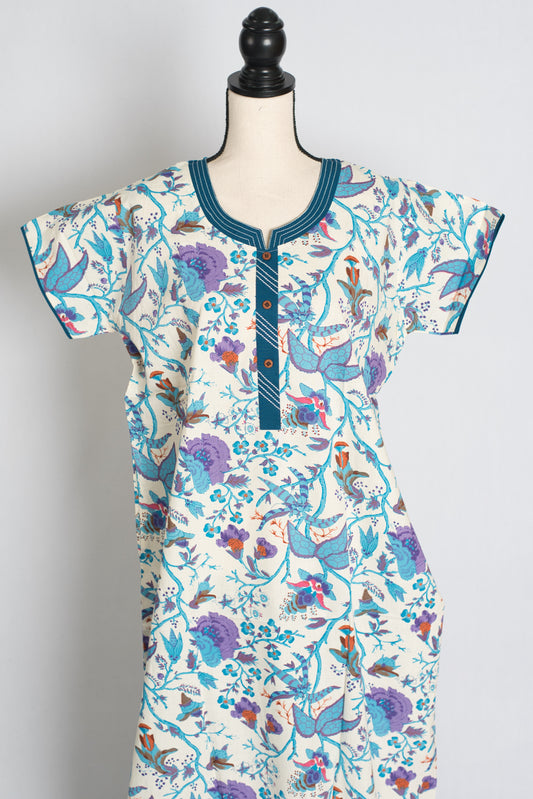 Printed White and Blue Pure Cotton Nightwear in Regular Size image 0