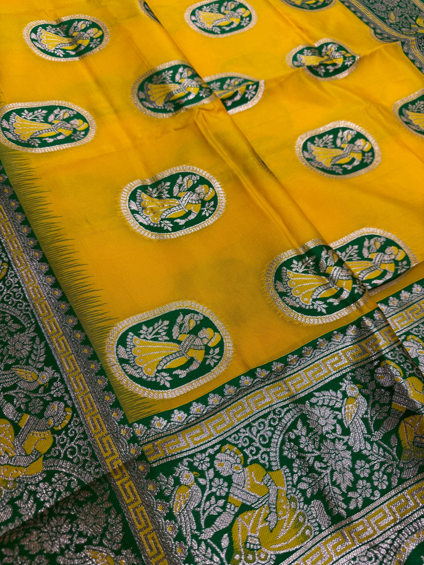 Pratima : Yellow and Green Baluchari Saree in Blended Silk image 4