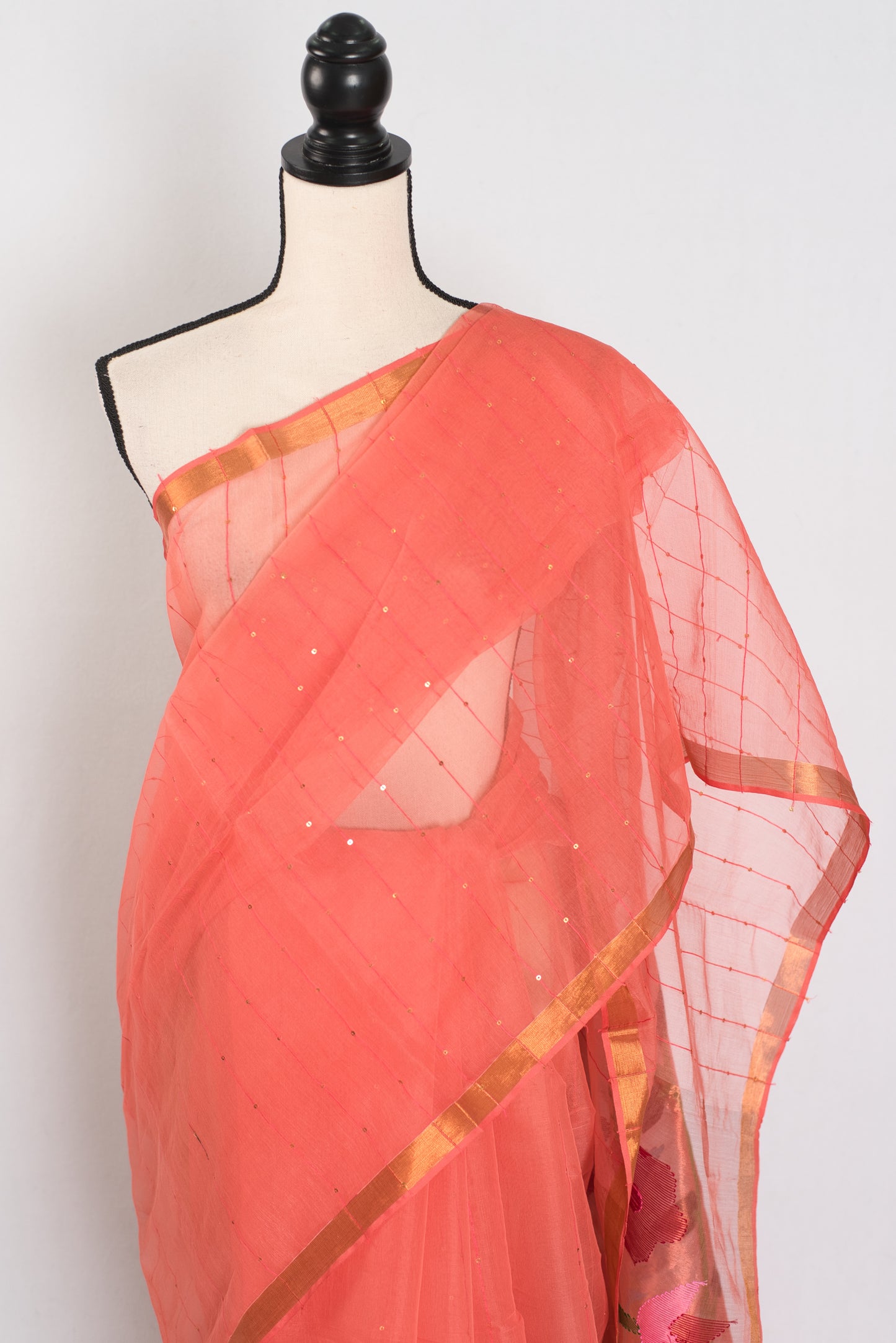 Soma: Orange & Gold Muslin Cotton Jamdani Saree | Sequin Weaving image 6