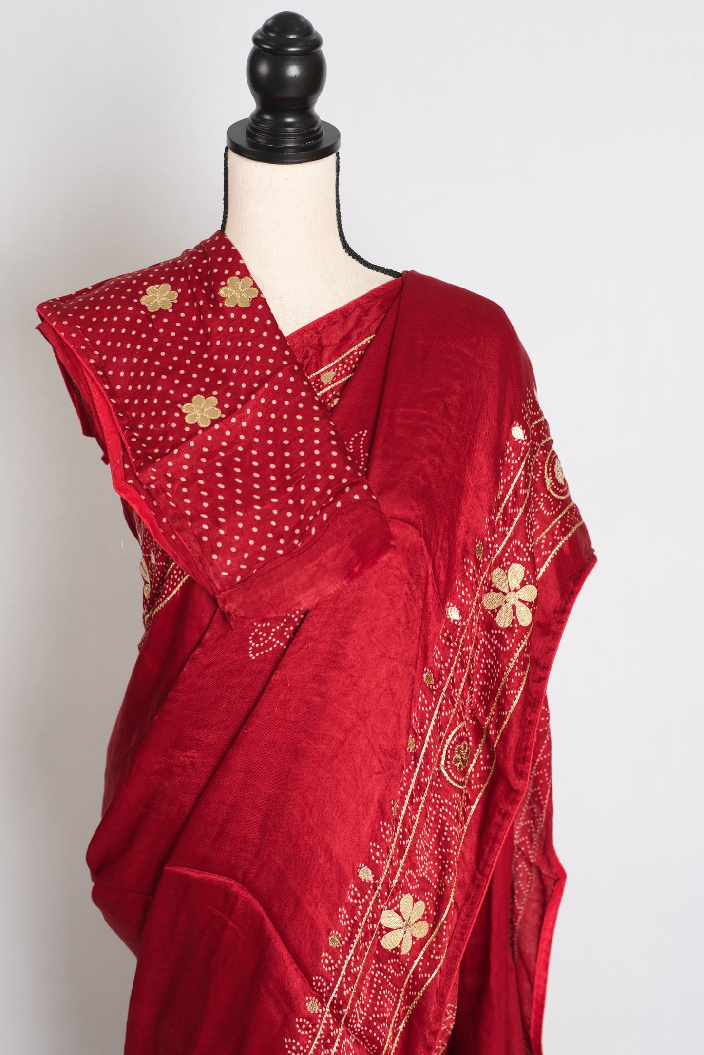 Jiya : Red Modal Silk Bandhani Saree with Gota Patti Work image 2
