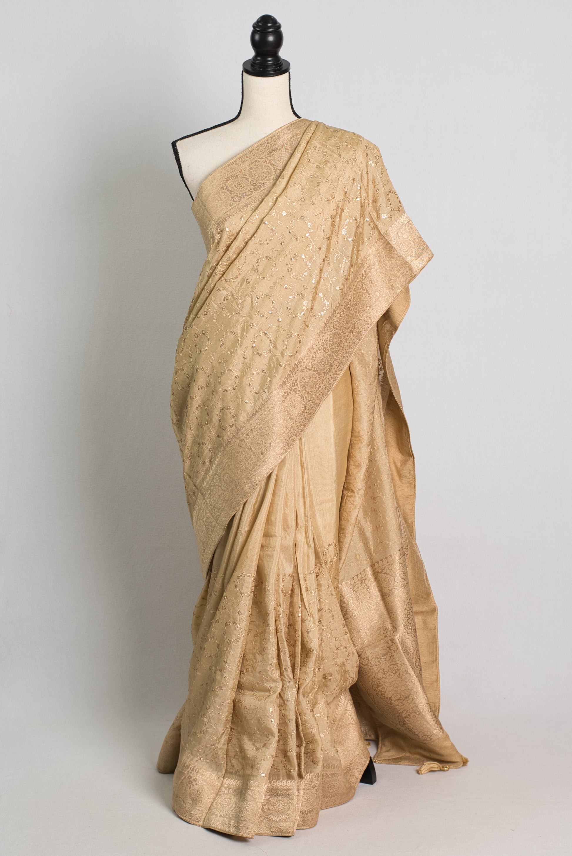 Beige and Gold Embroidery Dola Silk Cocktail Saree image 0