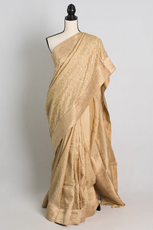 Beige and Gold Embroidery Dola Silk Cocktail Saree image 0