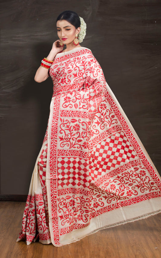 Ahiri | Beige and Red Kantha Stitch Gachi Tussar Silk Saree image 1