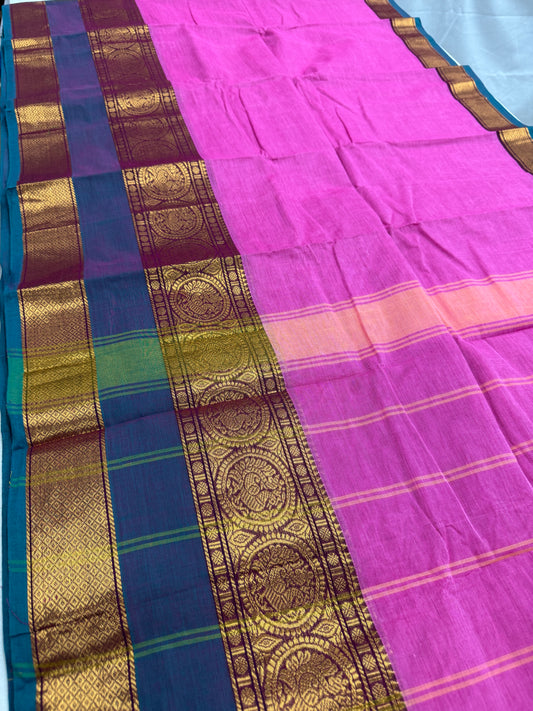 Abira : Handwoven Kanchi Cotton Saree in Pink and Peacock Blue image 0
