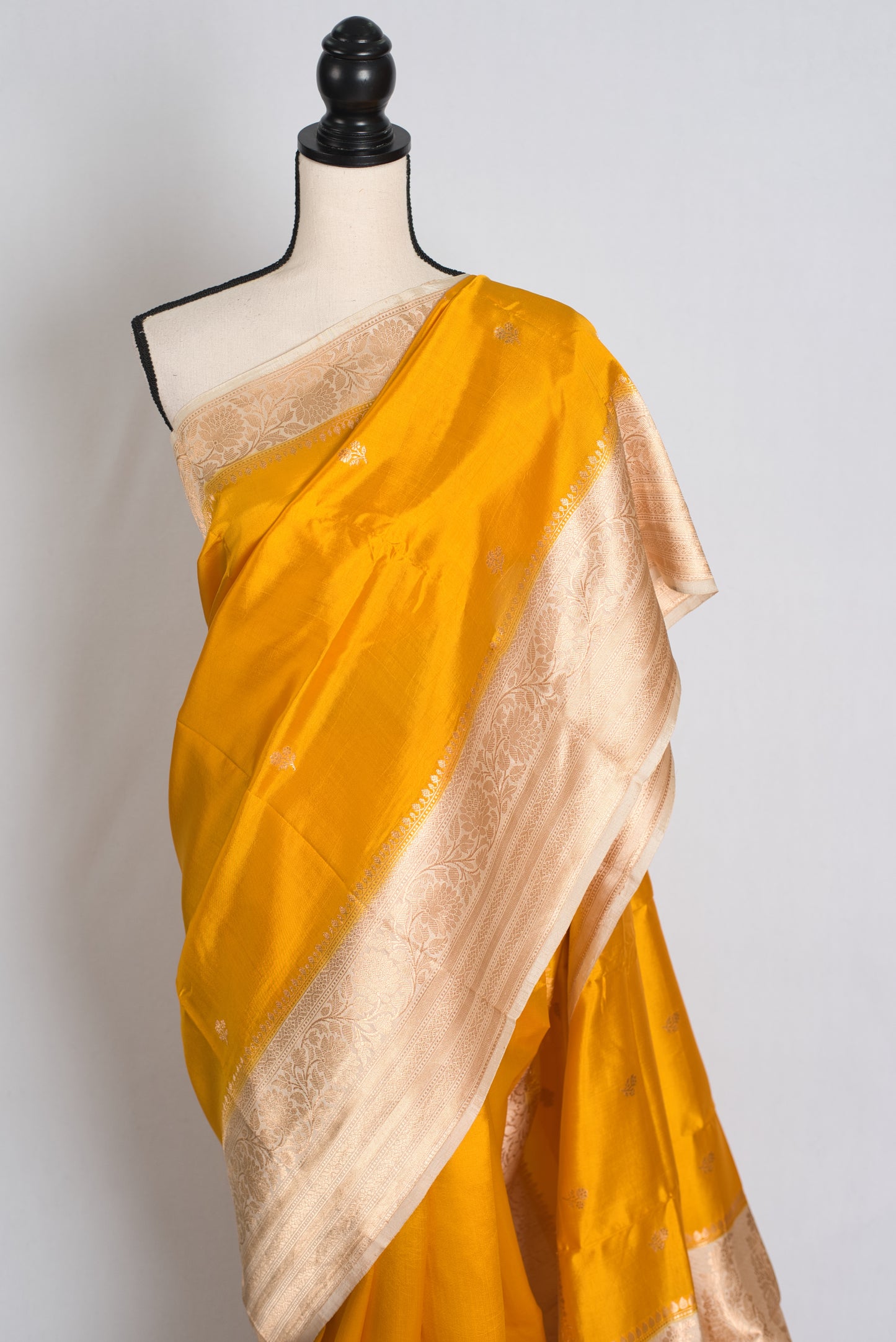 Swarnima : Silk Mark Certified Golden Yellow and Cream Satin Silk Banarasi Saree image 5