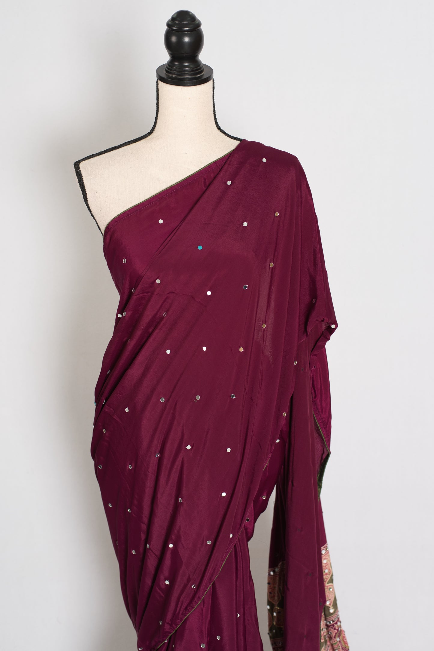 Naheed | Wine Color Mirror Work Partywear Ajrakh Saree | Bollywood Inspired image 6