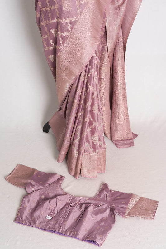 Tithi: Mauve and Gold Semi Georgette Banarasi Saree with 40 Size Blouse image 1