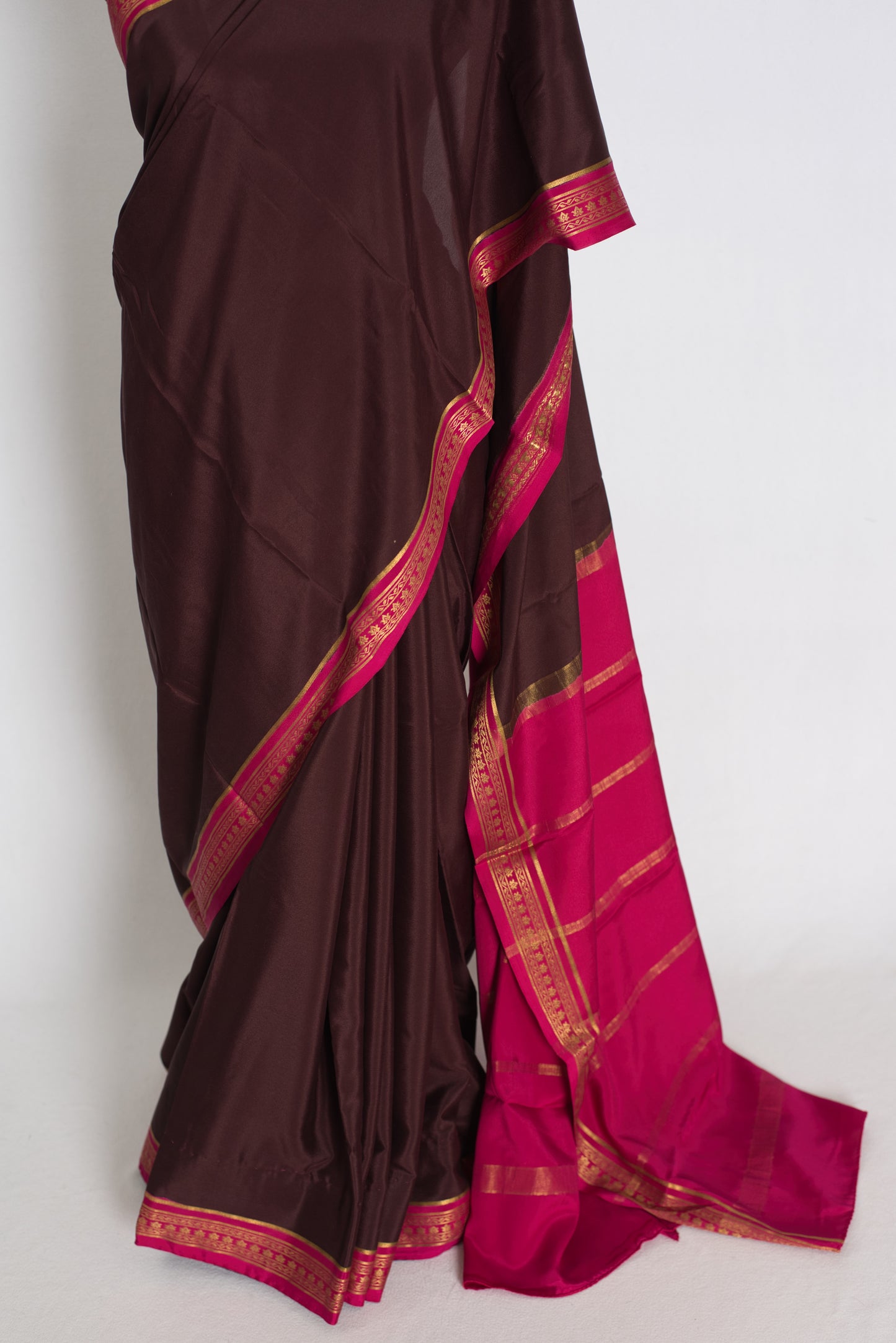 Devi : Brown and Pink Pure Mysore Crepe Silk Saree with 38 Size Stitched Blouse image 7