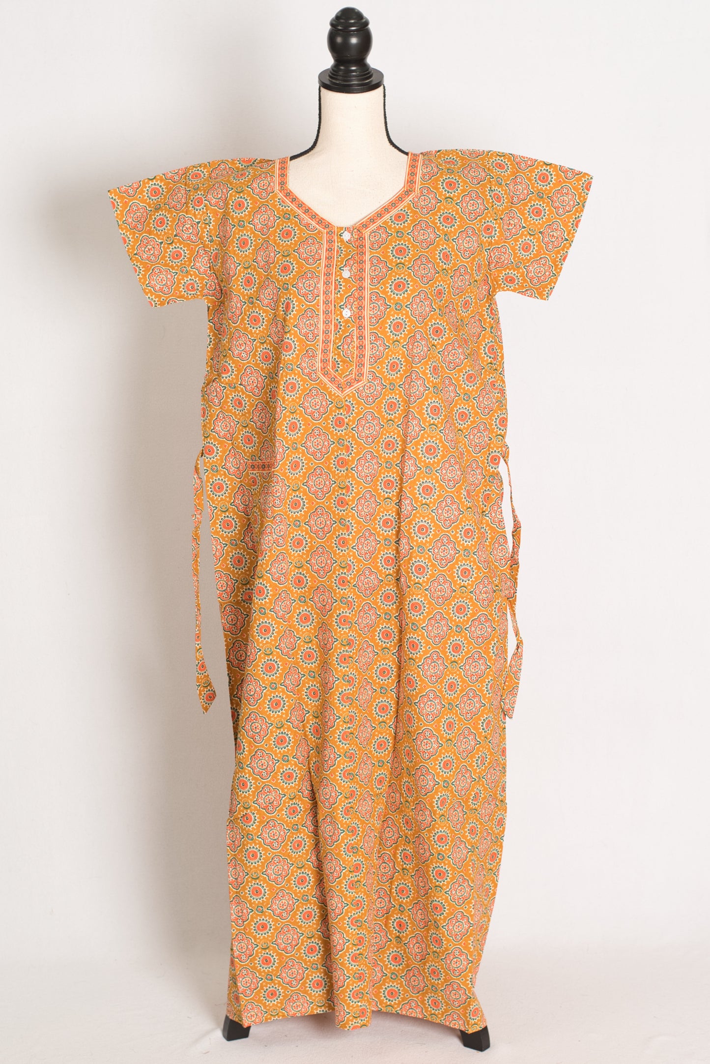 Pure Cotton Mustard Yellow Kalamkari Printed Long Nighty in Regular Size image 1