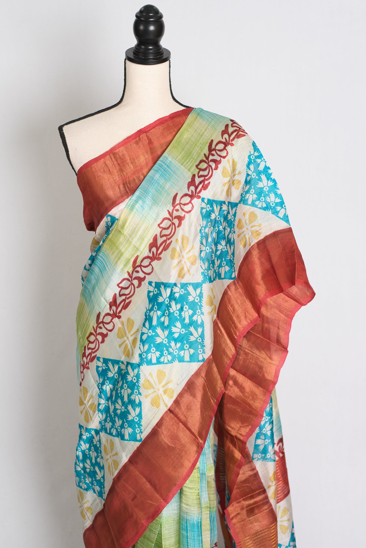 Sri : Hand Block Printed Matka by Tussar Silk Saree in Multi-Color Prints image 6