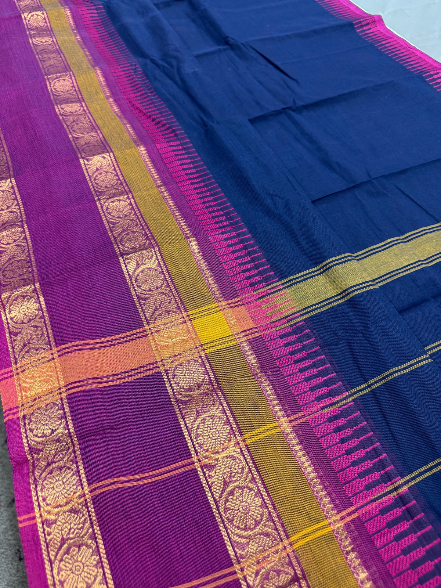 Meera : Handwoven Blue Cotton Kanjivaram Saree with Magenta Border image 3