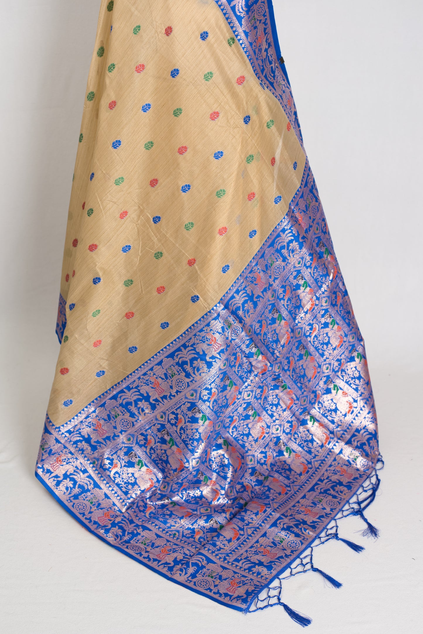 Bristi: Budget Friendly Blended Cotton Baluchari Saree in Beige and Blue image 3