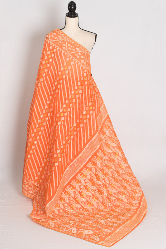 Sia : Festive Orange and White Blended Cotton Jamdani Saree with Hand Embroidery image 1