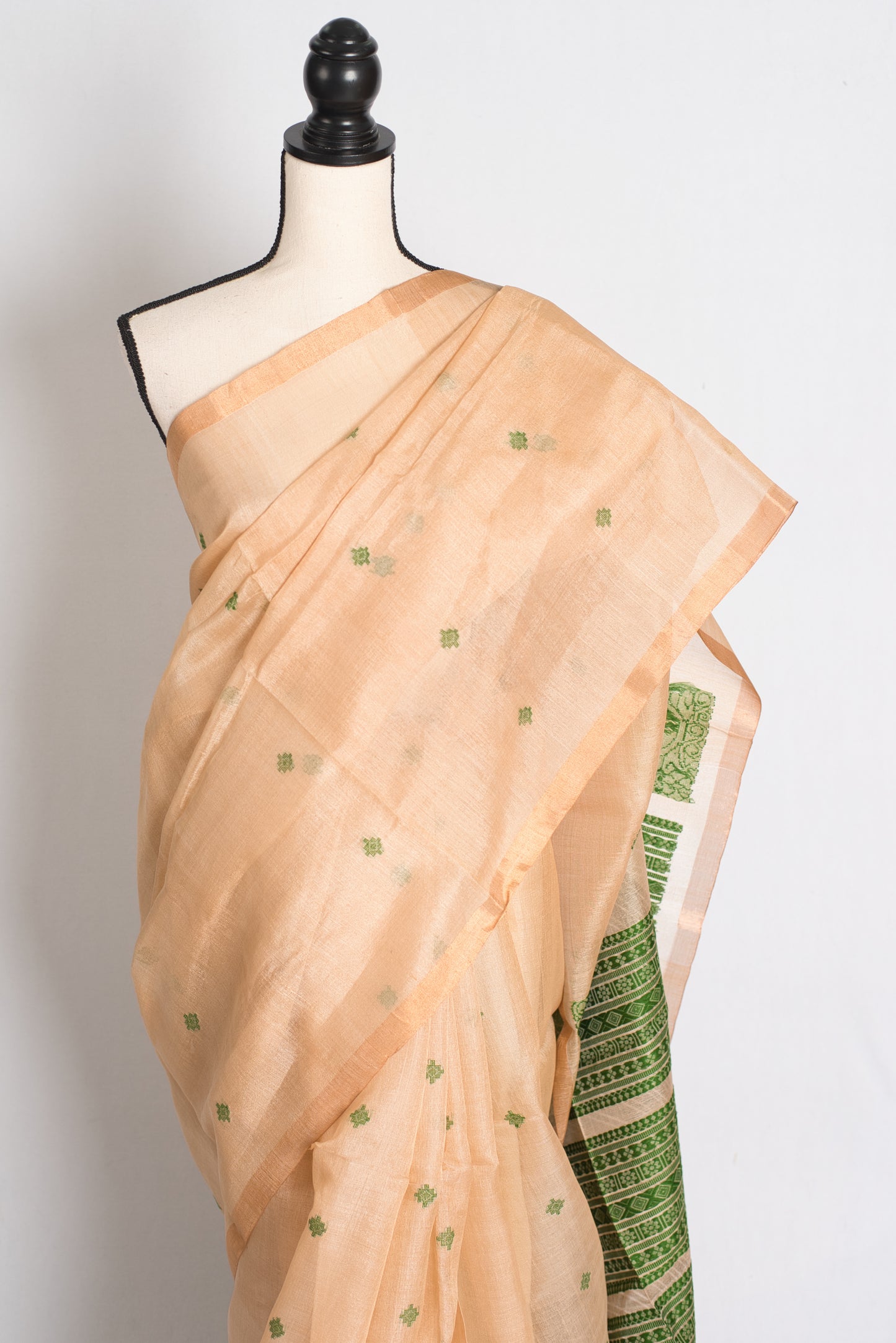 Prerna : Bengal Handloom Tussar Silk Saree in Beige and Green image 5