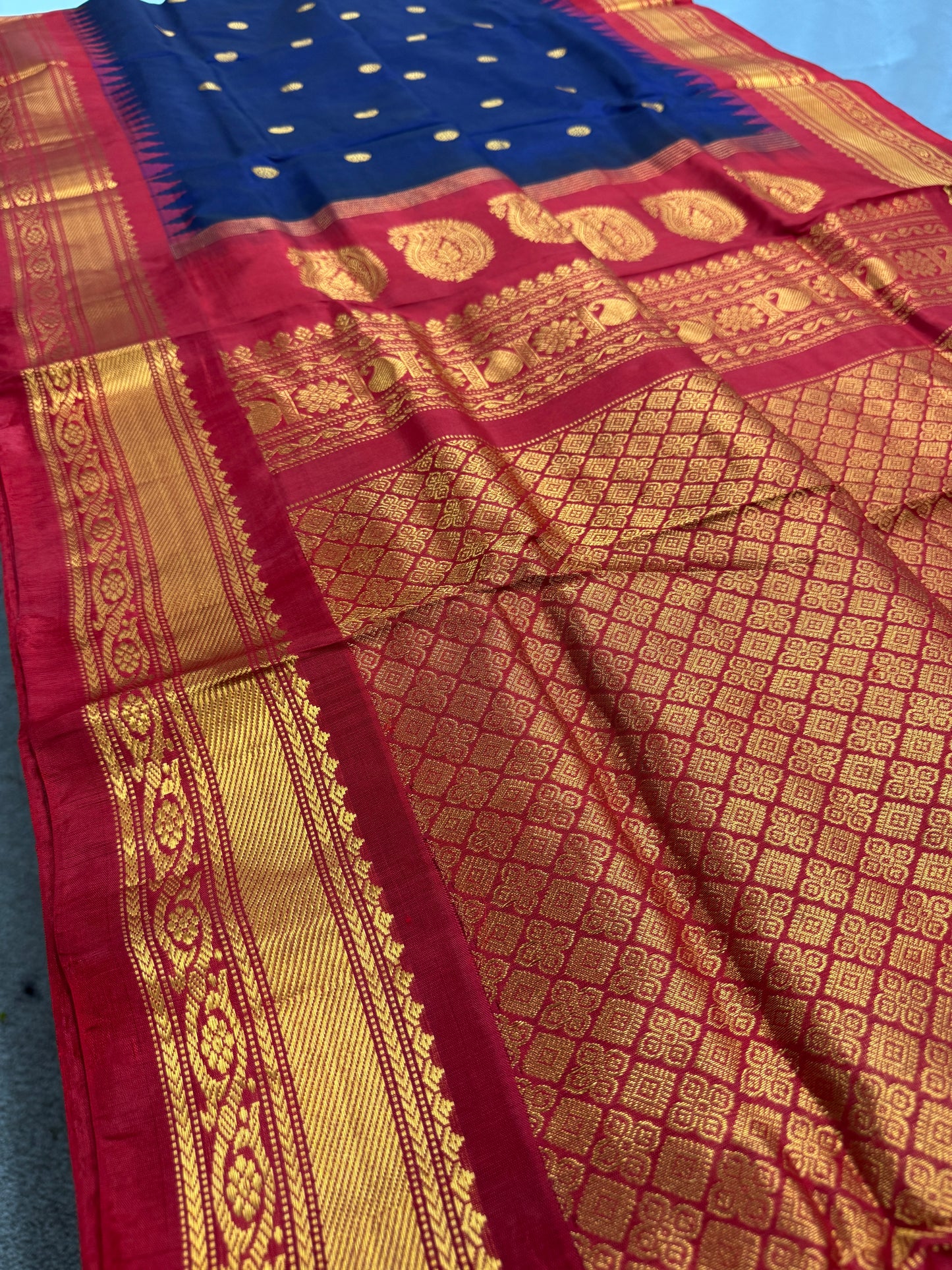 Nishira - Handwoven Midnight Blue and Red Gadwal Silk Saree image 3
