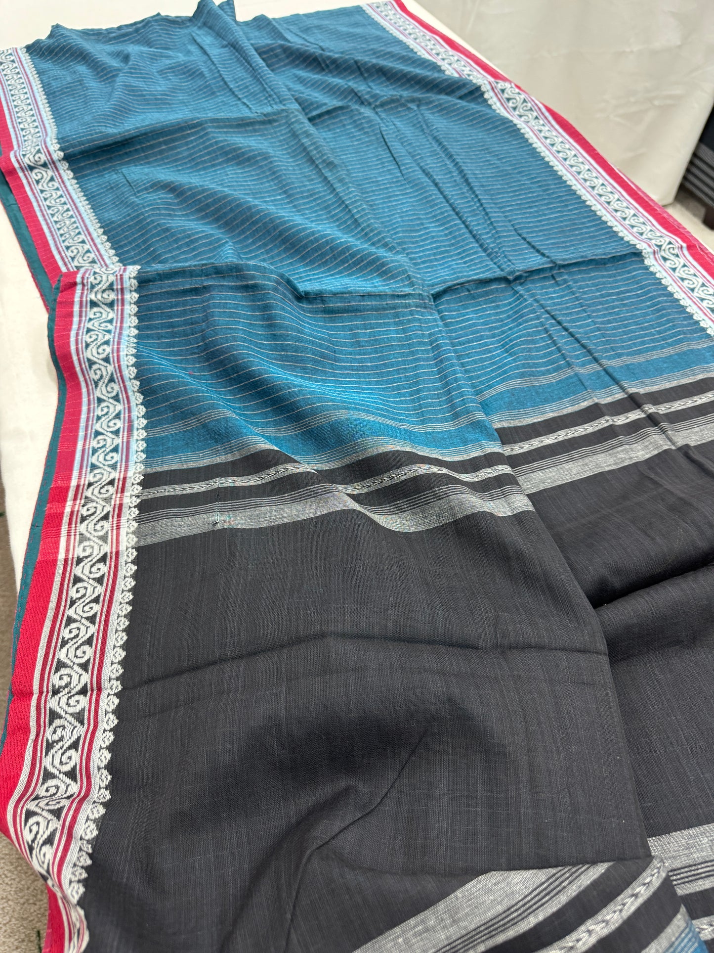 Neeltara : Blue and White Traditional Bengal Soft Cotton Dhaniakhali Saree image 1